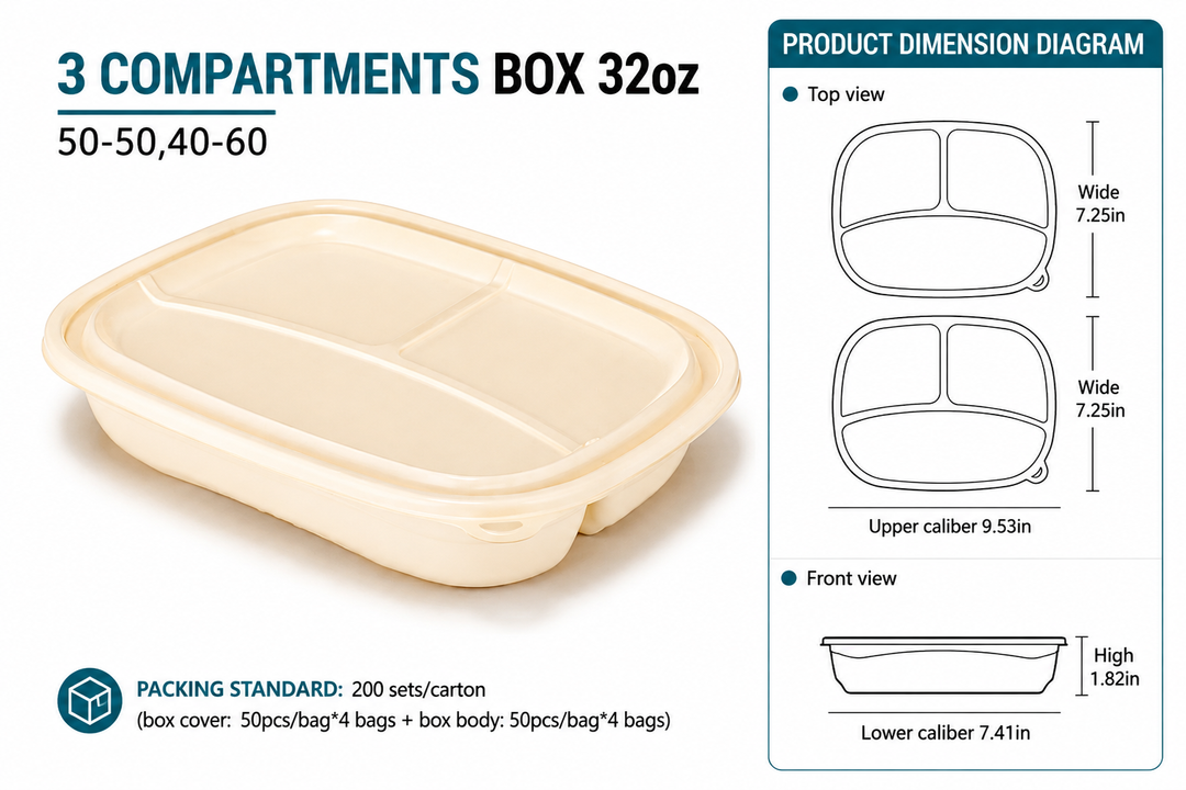 32 oz 3-Compartment Takeout Containers with Lids – 200 Sets