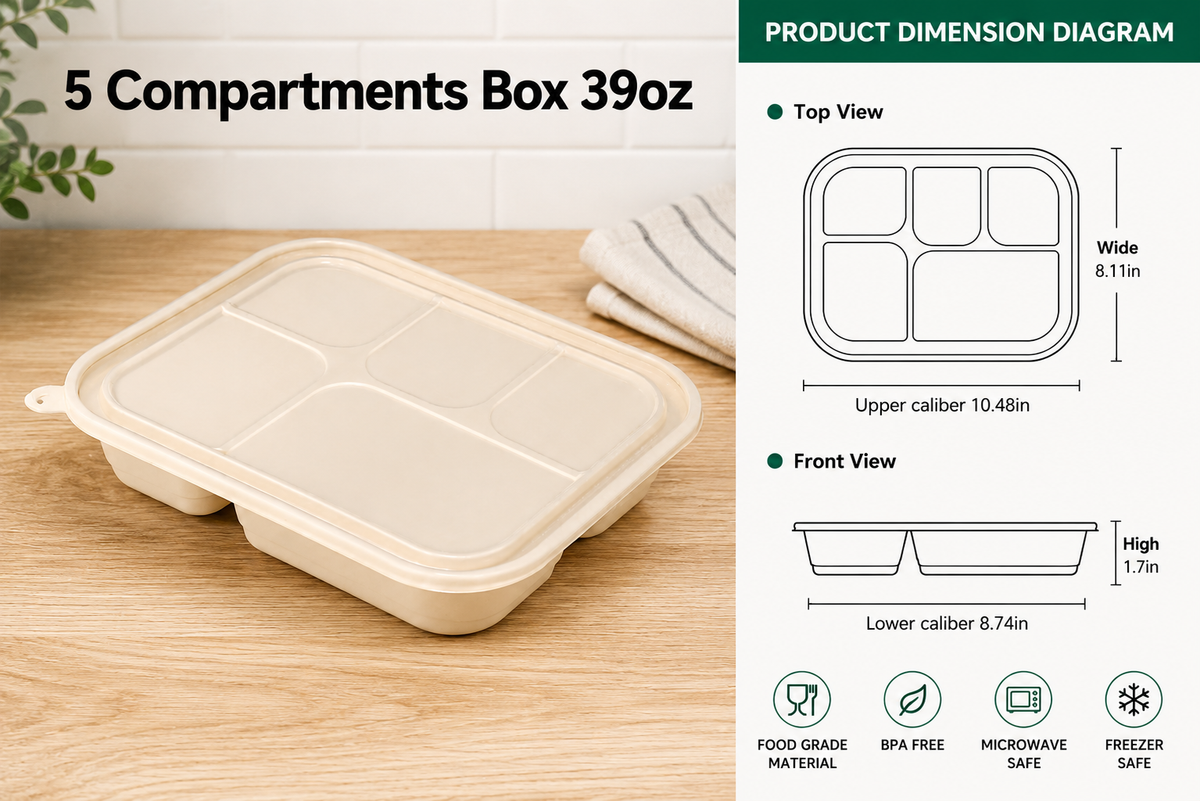 39 oz 5 compartment takeout containers with lids – 200 sets